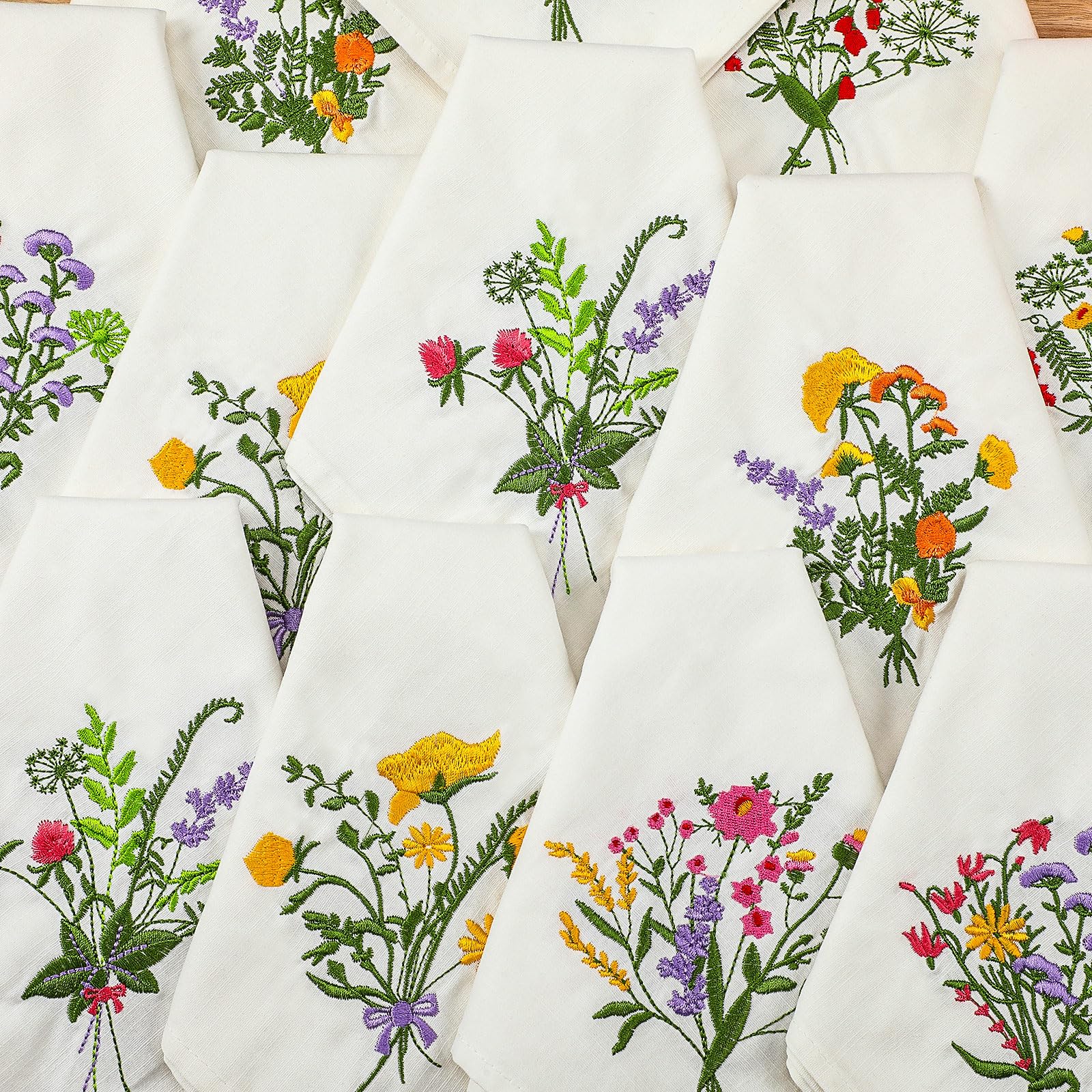 Tioncy 18 Pcs Floral Embroidery Napkins 18" Embroidery Flower Linen Cotton Napkin Bulk for Wedding Tea Cocktail Spring Flower Birthday Party Table Centerpiece Mexican Kitchen Curtain Decor (White)