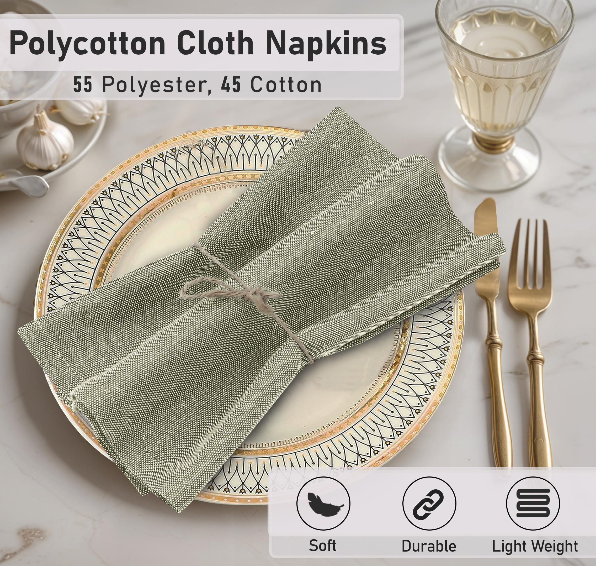 Ruvanti Cloth Napkins Set of 12, 18x18 Reusable Napkins Cloth Washable, Soft & Durable Table Napkin, Poly Cotton Fabric Dinner Napkins for Parties, Christmas, Thanksgiving, Weddings - Olive Branch