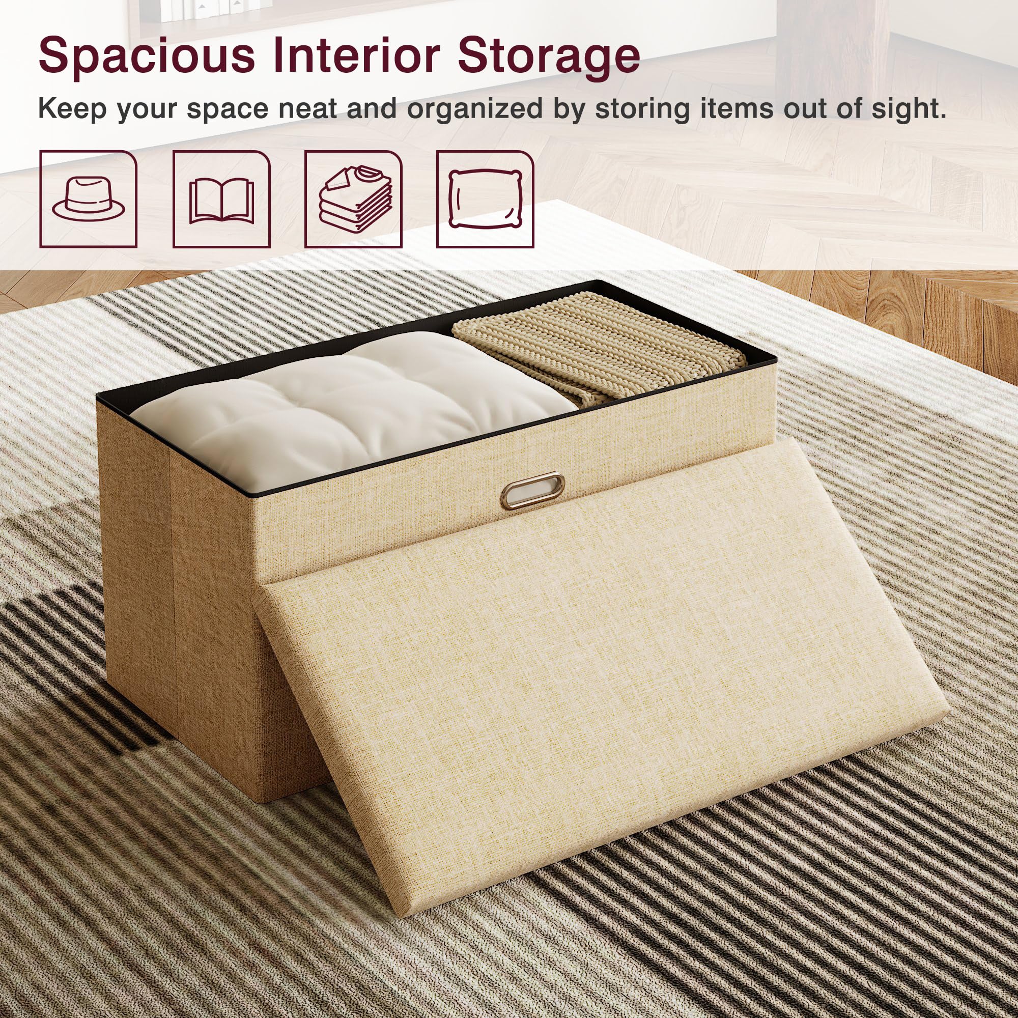VECELO 30'' Folding Storage Ottoman Bench, End of Bed Linen Fabric Foot Rest Stool with Padded Seat, Large Footstools for Bedroom, Living Room, Load 500 lb, Khaki