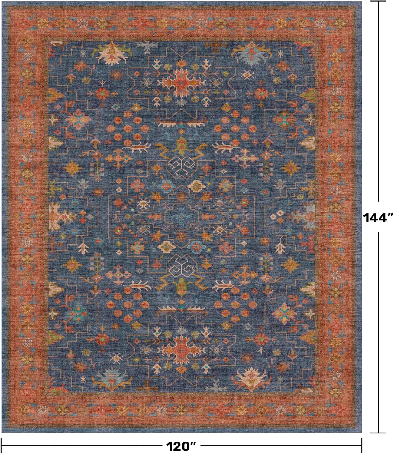 Boho Area Rug - Navy Blue Vintage Floral Design, Soft Low Pile, Non-Slip, 10x12 Size for Living Room & Dining Room