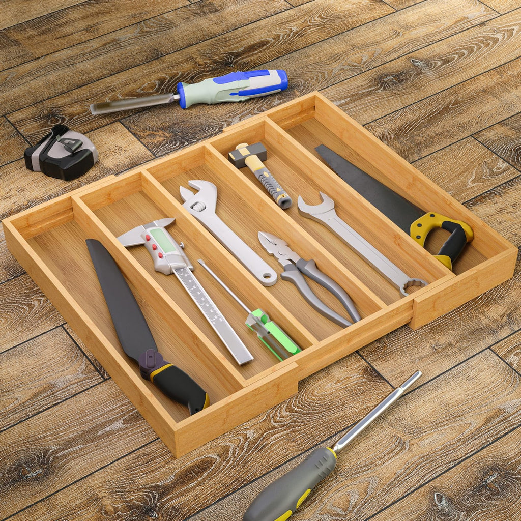 Fibogollo Expandable Kitchen Drawer Organizer,Bamboo Silverware Organizer,Adjustable Flatware Tray for Utensils(16.92 * 13.30~22.83 * 1.96)