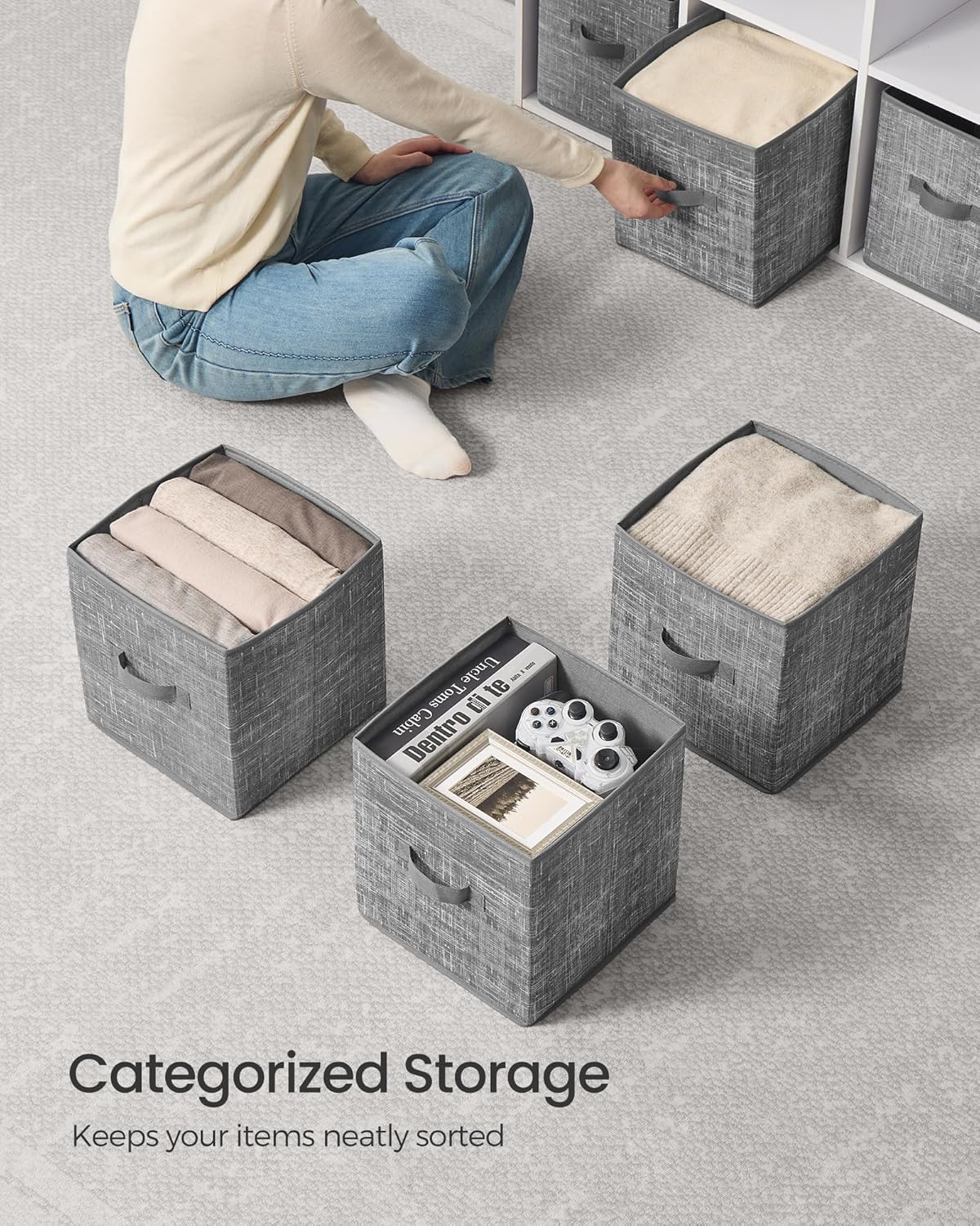 SONGMICS Storage Cubes - Foldable Non-Woven Fabric Bins with Double Handles | Set of 10, Cattail Gray, 10.2 x 10.2 x 11 Inches