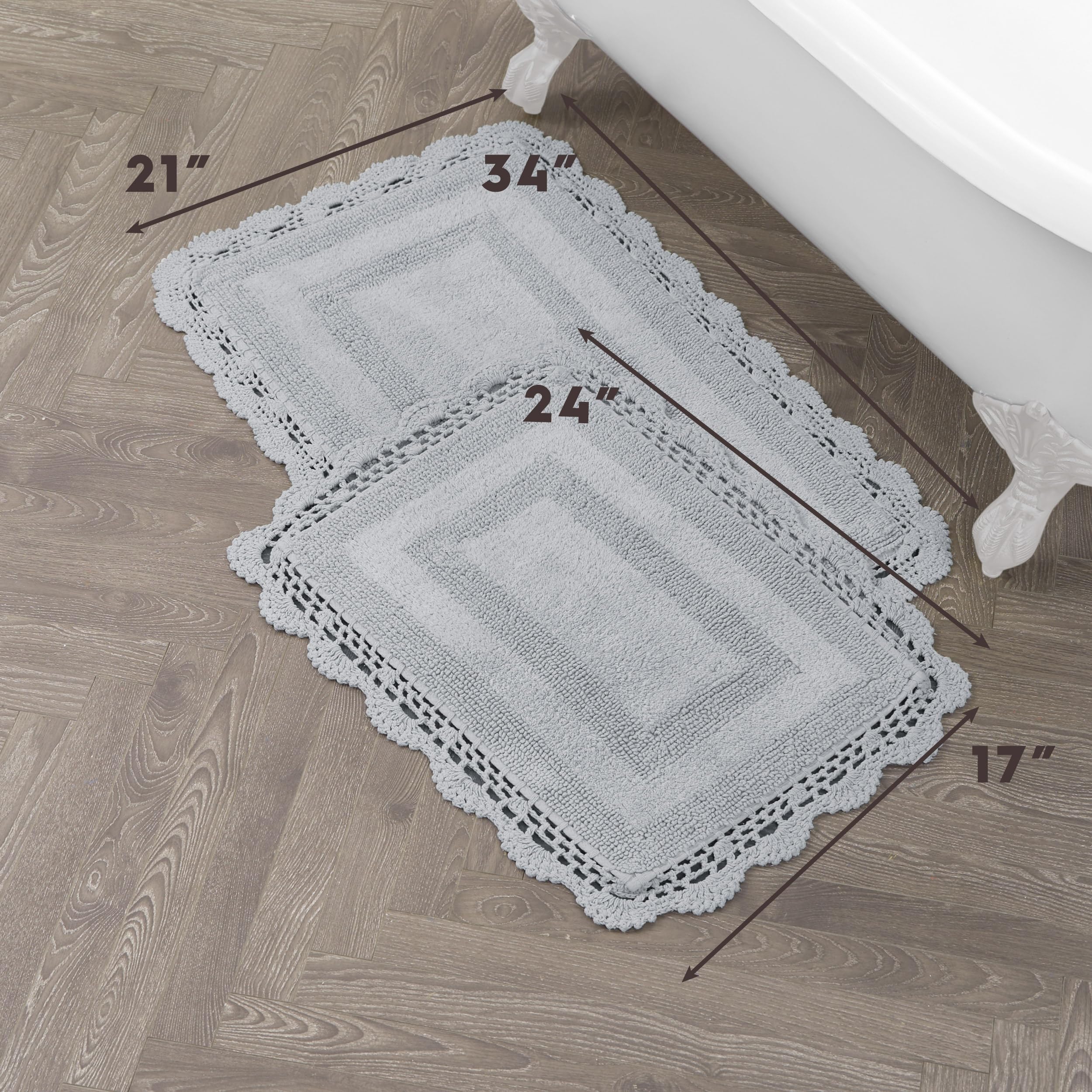 Laura Ashley Absorbent Bath Mat Reversible Crochet Soft and Plush Bathroom Mat 100% Cotton 2-Piece Bath Rug Set, Light Grey