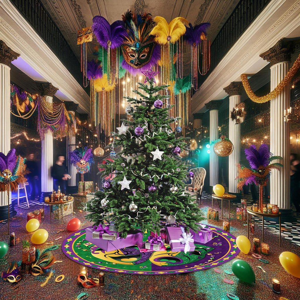 Blosssound Mardi Gras Tree Skirt 36 Inch Carnival Tree Mat Masquerade Party Decor Carpet Mardi Gras Theme Decoration for Home Office Masquerade Holiday Party Decoration