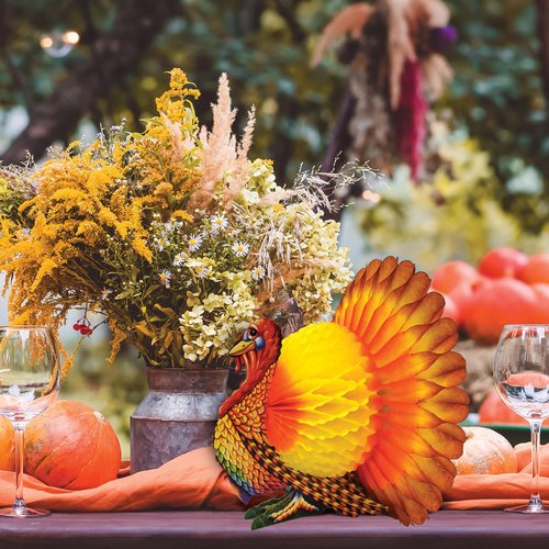 Beistle Tissue and Paper Turkey Centerpiece for Thanksgiving Decorations-Autumn Fall Harvest Home Décor, 12", Brown/Red/Orange/Yellow