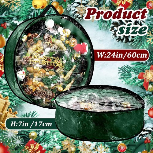Dunzy Christmas Wreath Storage Bag - Tear-Resistant Fabric with Clear Window | 24x24x7.8 Inch, Green