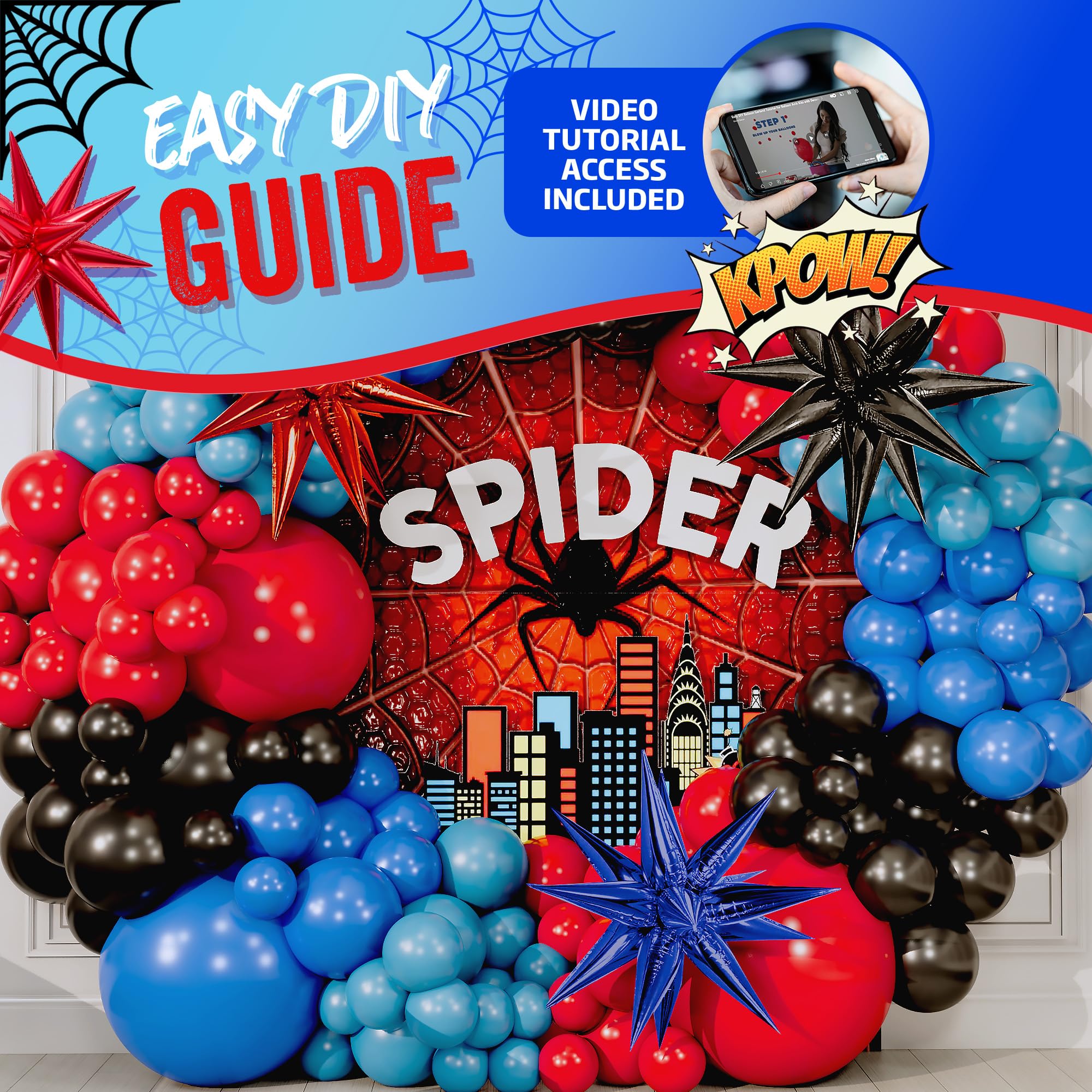 ALL-IN-1 Spider Balloon Arch Kit with BONUS Starburst for Spidy Birthday Decorations - Red Blue Spider Balloons for Spidy Man Party Decorations - Miles Birthday Decoration, Spidey Balloons