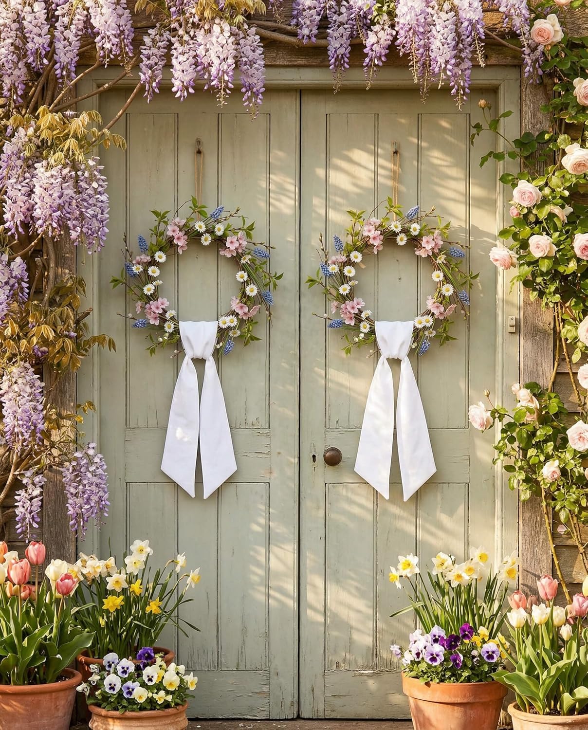 White Wreath Sash 4-Pack - 55 x 5 Inch Blank Linen-Look Ribbon for Embroidery & Monogram | Farmhouse Decor