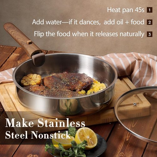 CAROTE 19-Piece Stainless Steel Cookware Set - Induction-Compatible Pots & Pans with Removable Handles | Oven Safe, Woodgrain Finish