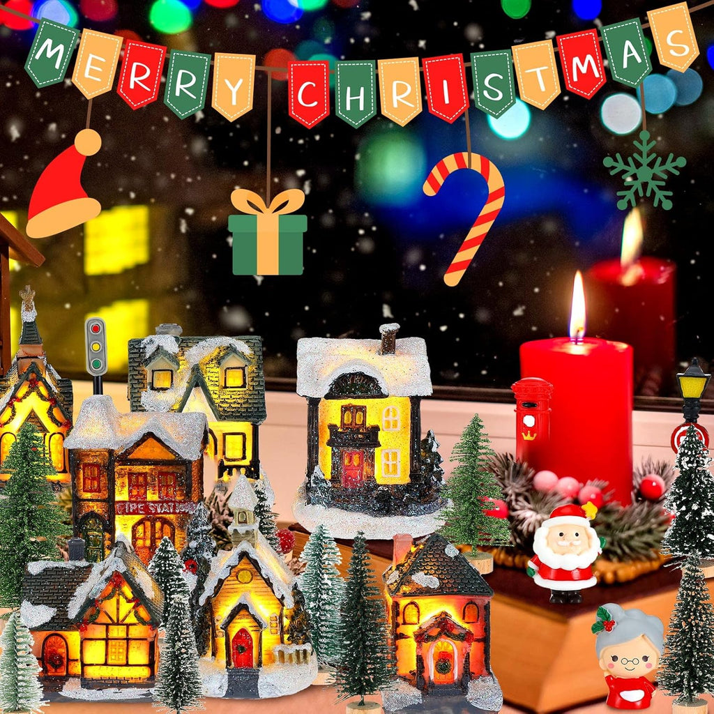 Woanger 29-Piece Christmas Village Set | LED Lighted Houses & Figurines for Holiday Decor