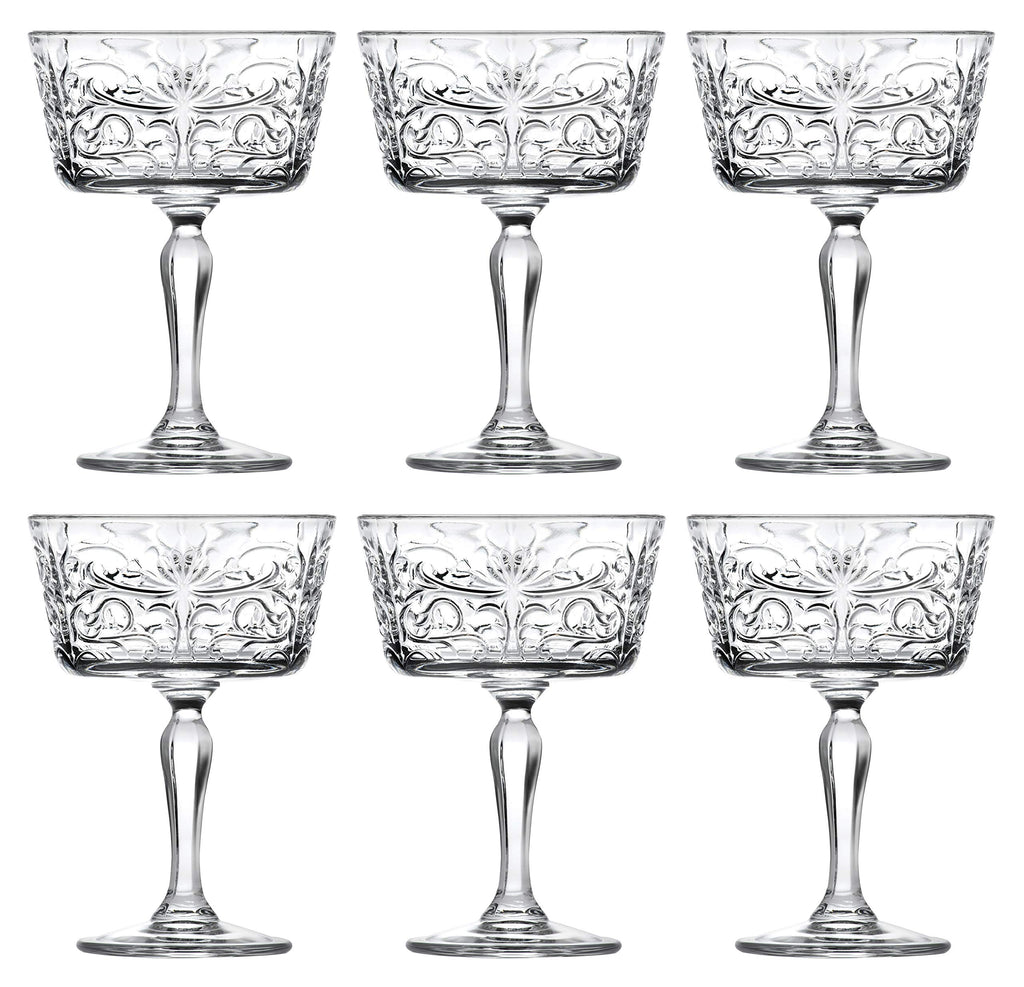 Barski Champagne Glasses - Flute - Saucer - Belle Coupe - Set of 6 Glasses - Glass Crystal - Glass has Tattoo Design -9 oz Made in Europe