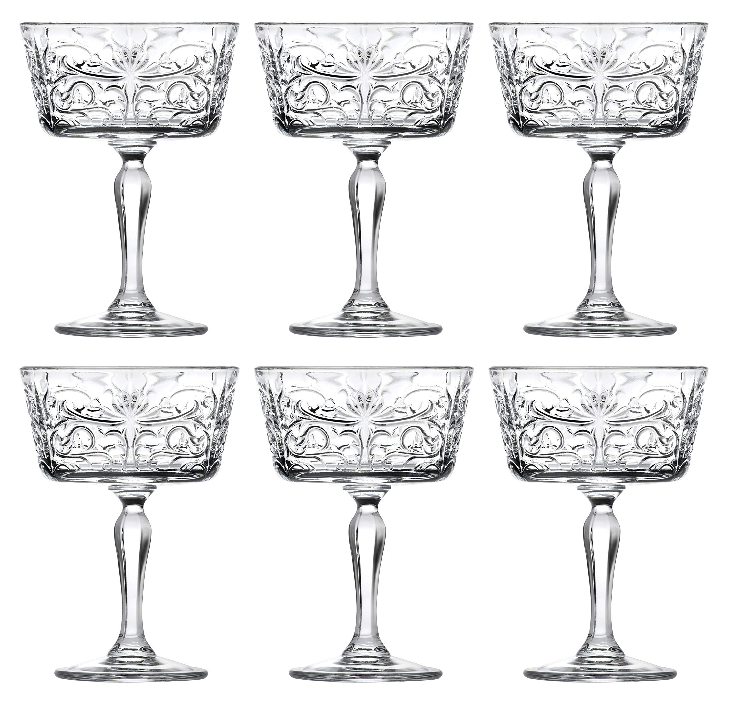 Barski Champagne Glasses - Flute - Saucer - Belle Coupe - Set of 6 Glasses - Glass Crystal - Glass has Tattoo Design -9 oz Made in Europe