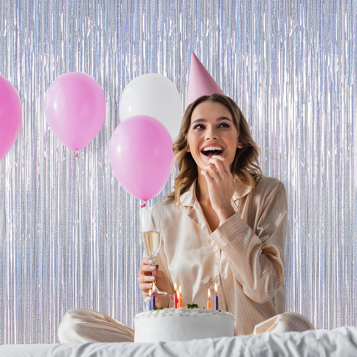 Skiennix Silver Metallic Tinsel Foil Curtains - 2 Pack Glitter Fringe Backdrop | 3.28 FT x 7.05 FT for NYE & Birthday Parties
