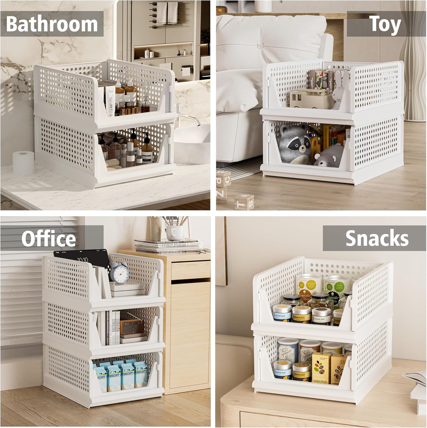 Proarea Stackable Storage Bins - 5 Pack Foldable Closet Organizers for Clothes | White Plastic Drawer Baskets