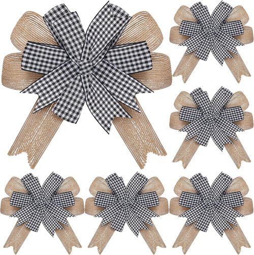 Chuangdi Burlap Wreath Bows - Rustic Buffalo Plaid Decorative Bows for Front Door & DIY Crafts | 6 Pcs, 6.3 Inch Black & White