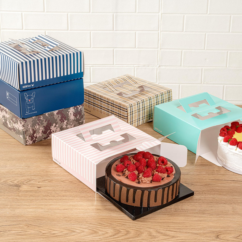 Restaurantware Cater Tek 9 x 9 x 3.5 Inch Cake Boxes 50 Disposable Lunch Boxes - Display Window Pop-Up Handles Pink and White Paper Pastry Boxes Grease Impermeable Shipped Flat