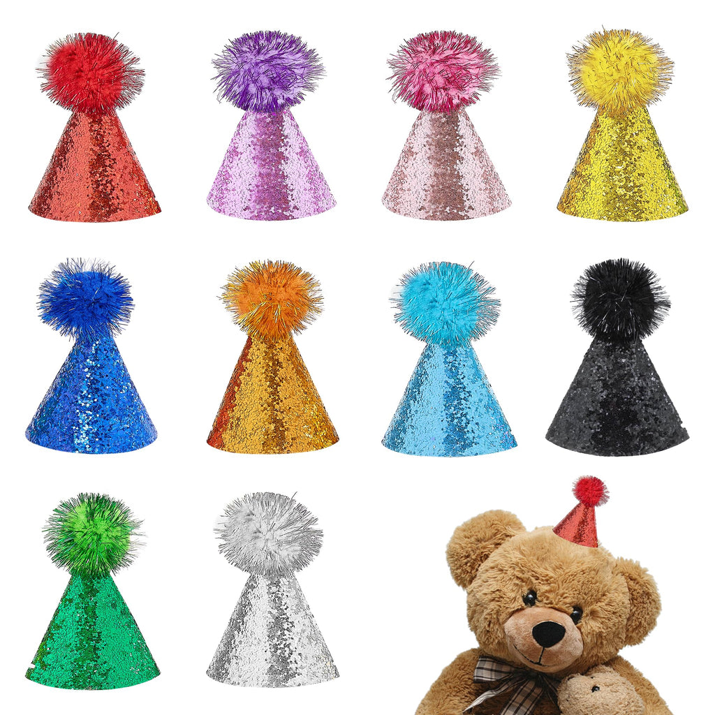 Pai Sence Mini Party Hats for Stuffed Animals Toys Small Party Hats with Pom Poms Glitter Tiny Birthday Hat Bulk S