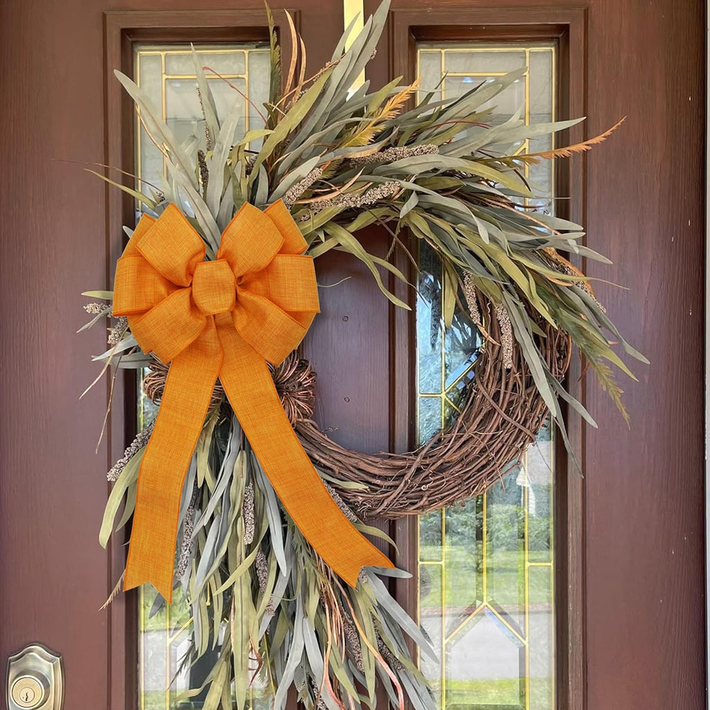Autumn Wreath Bow - Orange Decorative Bow for Fall Harvest & Thanksgiving Decor | 10"x22"