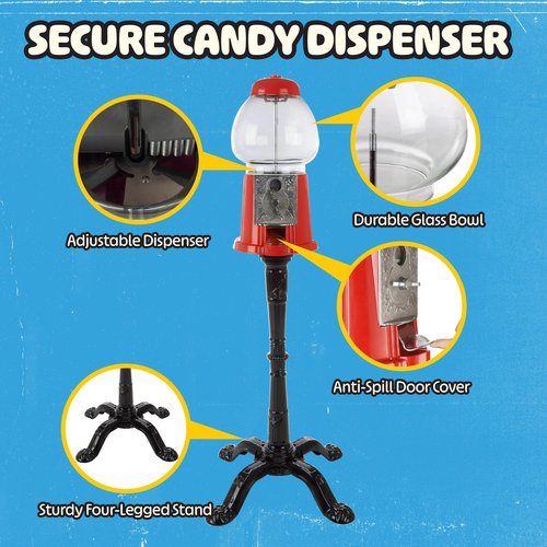 15” Gumball Machine with Stand and Coin Bank - Bubble Gum Machine Candy Dispenser Vending Machine with Glass Globe and Metal Base - Vintage Style Gum Ball Machine by Great Northern Popcorn (Red)