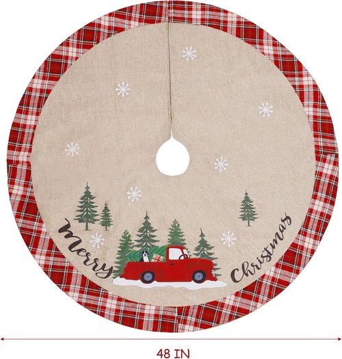 Juegoal 48-Inch Christmas Tree Skirt - Burlap Xmas Mat with Red & White Plaid Edge for Holiday Decor