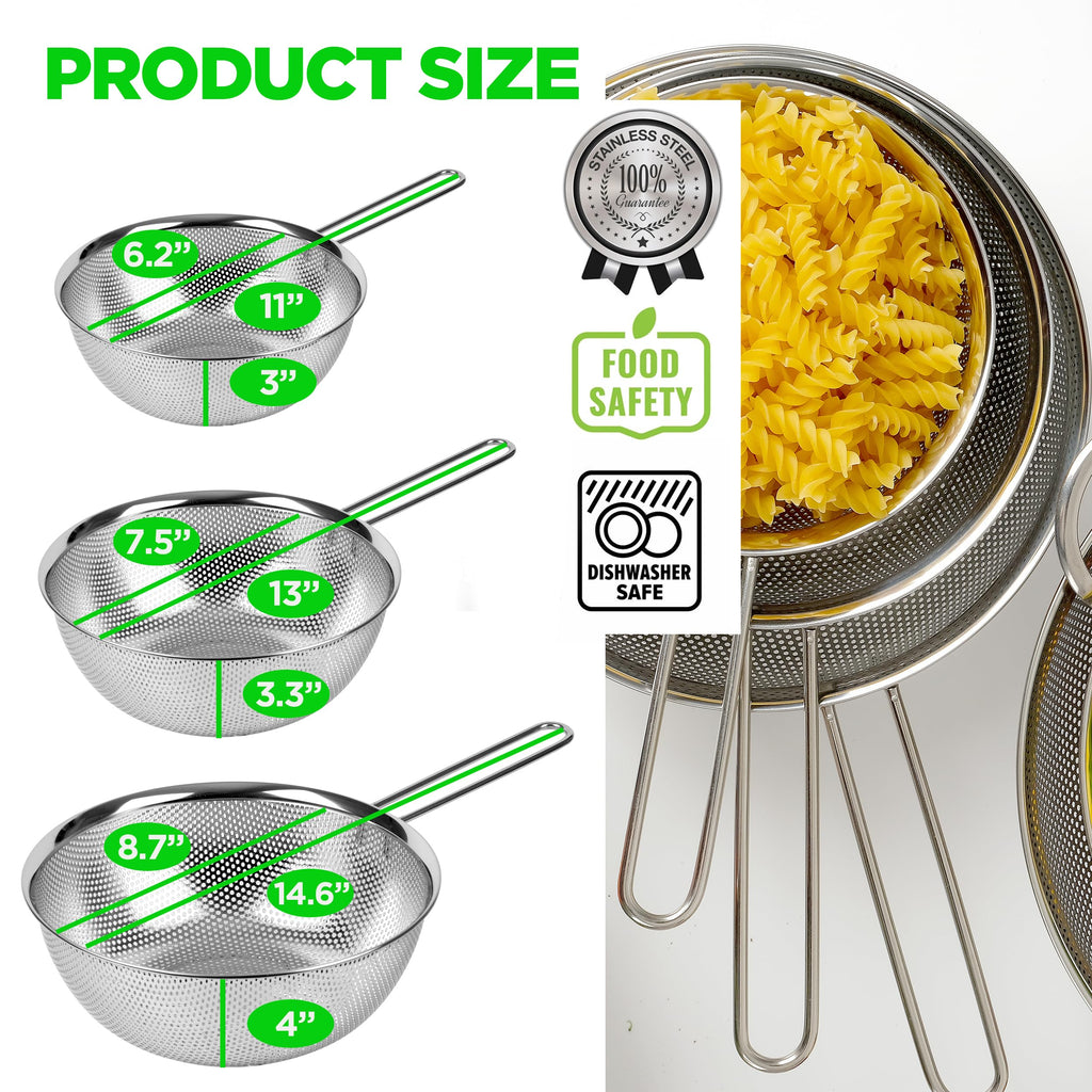 COMPORT K Premium 18/8 304 Stainless Steel Set of 3 – Micro-Perforated Strainer with Long Handle, Self-Draining Base for Pasta Rice Vegetables, 18/8 304 Heavy Duty (1.5, 2.5, 4 Qt) Made in Korea