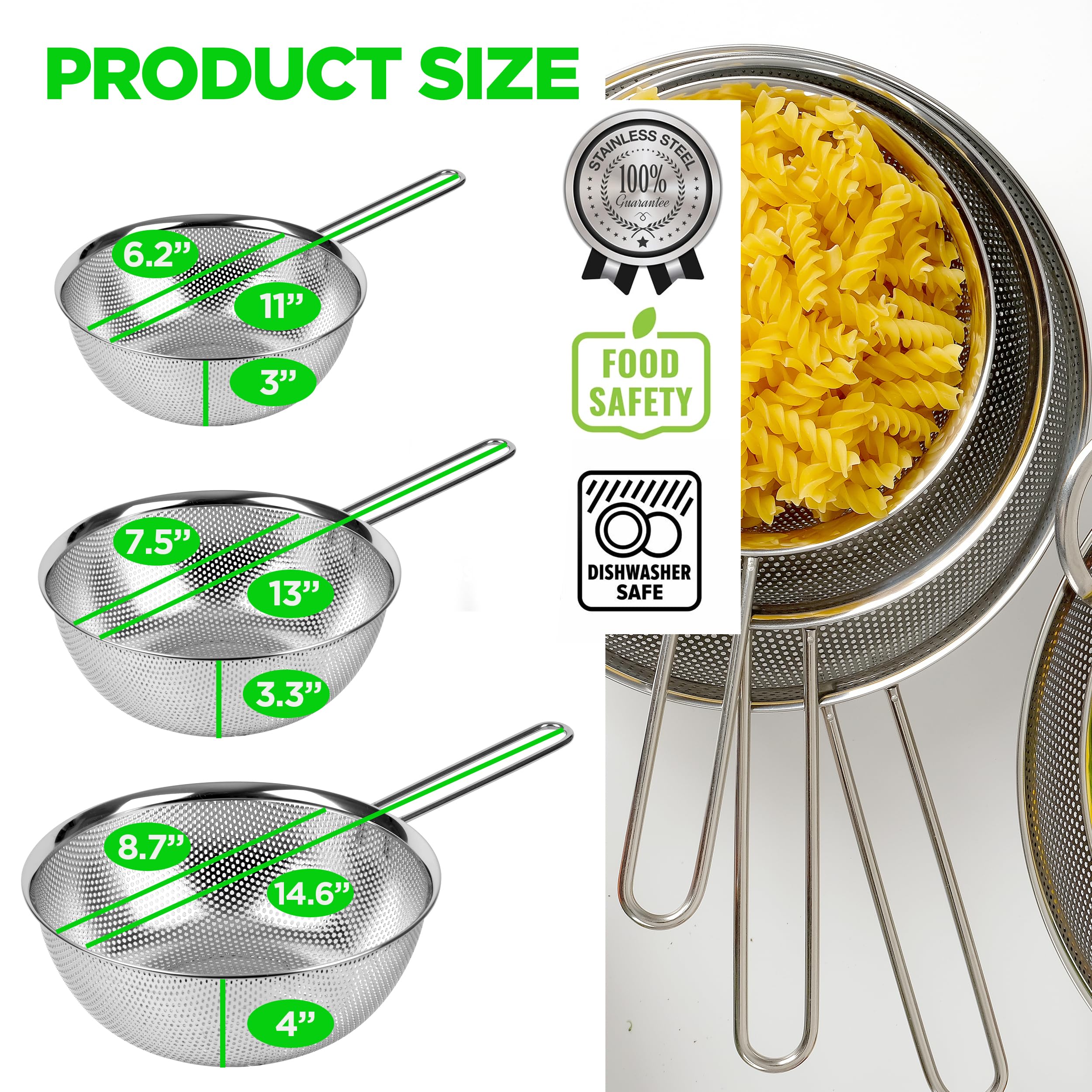 COMPORT K Premium 18/8 304 Stainless Steel Set of 3 – Micro-Perforated Strainer with Long Handle, Self-Draining Base for Pasta Rice Vegetables, 18/8 304 Heavy Duty (1.5, 2.5, 4 Qt) Made in Korea