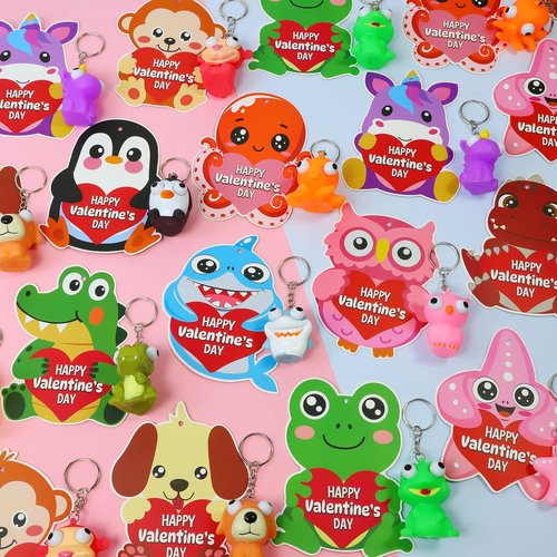 24 Pack Valentines Day Gifts for Kids, Valentines Cards for Kids Classroom with Squeeze Popping Eye Animal Keychain Toys, Class Valentine Exchange Gifts for Kid School, Valentine Party Prizes
