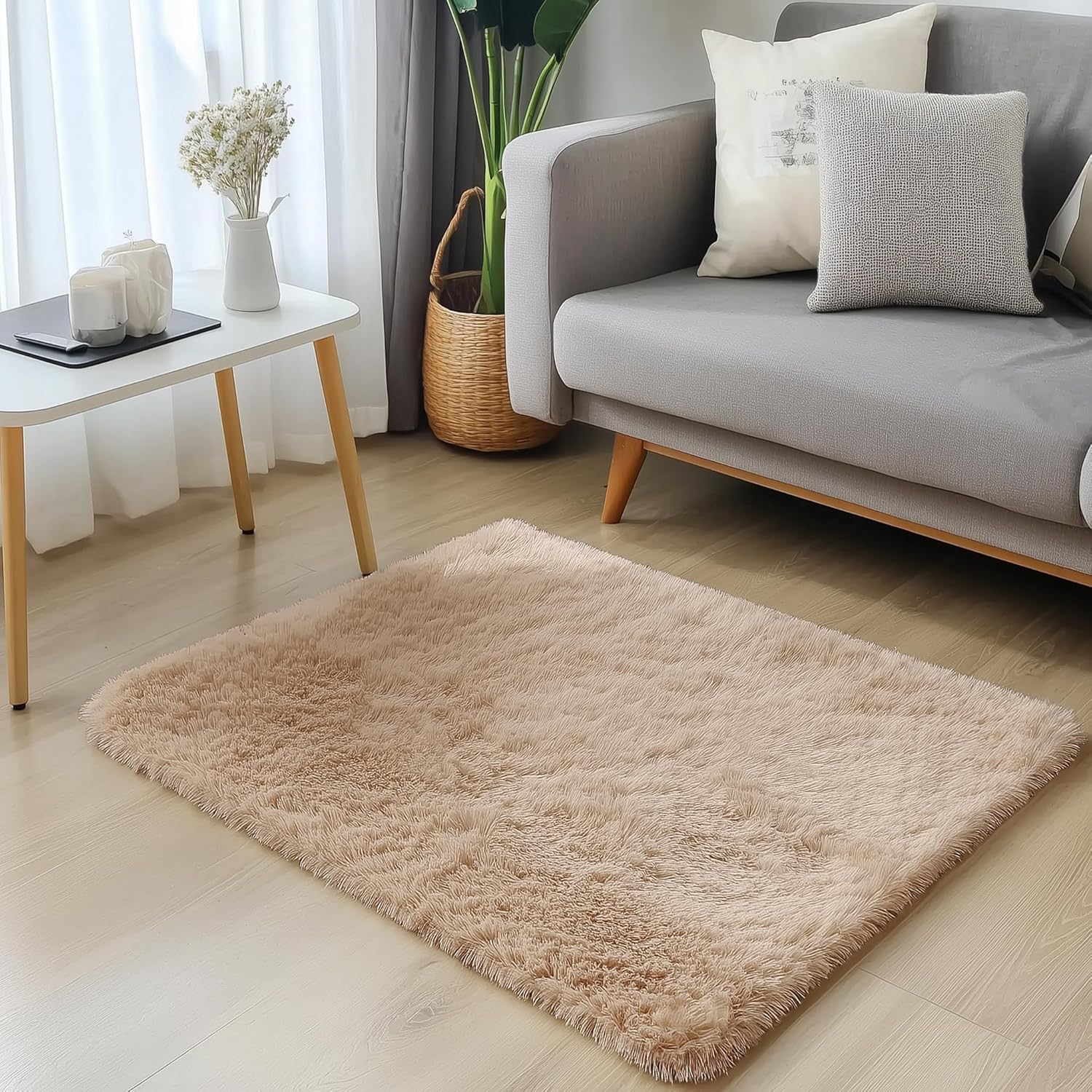 OLANLY Small Bedside Rug - Soft Fluffy Shaggy Throw Rug for Bedroom & Living Room | Beige 2x3 ft