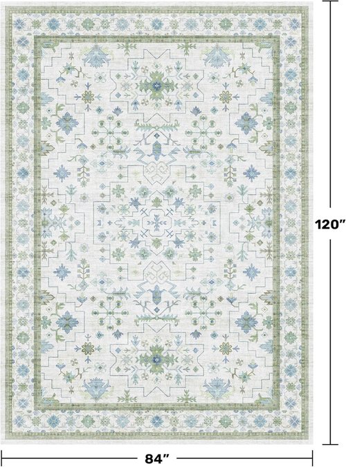 Hazo Haus Living Room Rug - Vintage Boho Floral Design | Washable 7x10 Cream Oushak Area Rug