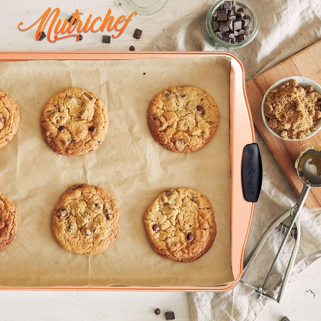 Nutrichef Nonstick Cookie Sheet - Premium Carbon Steel Baking Pan with Silicone Handles | 15” Copper, Dishwasher Safe
