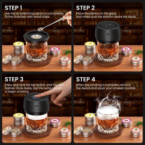 Tapsmok Electric Whiskey Smoker Kit: Rechargeable Cocktail Smoker for Old Fashioned & Bourbon Drinks with Built-in Lighter, No Butane Needed, 6 Wood Chips, Christmas Whiskey Gift for Men, Dad, Husband