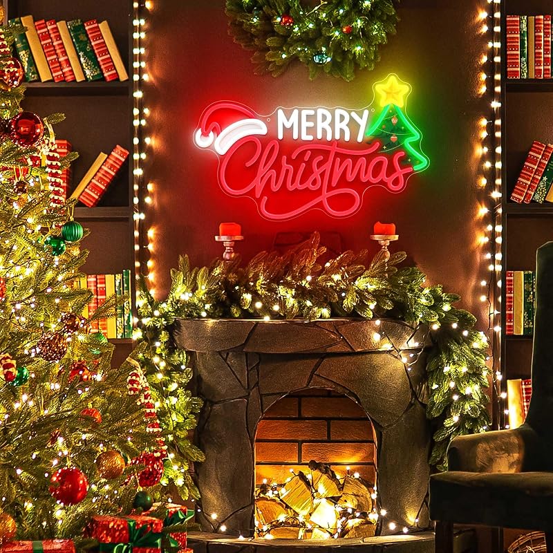 Merry Christmas Neon Sign - Wall Decor with Santa Hat (Xmas Variation)
