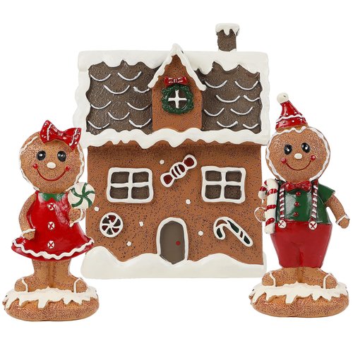 Lulu Home Christmas Tabletop Decorations, Resin Gingerbread House and 2 Gingerbread Men Figurines Adorn with Candy Cane Wreath for Indoor Holiday Fireplace Shelf Ornaments Display