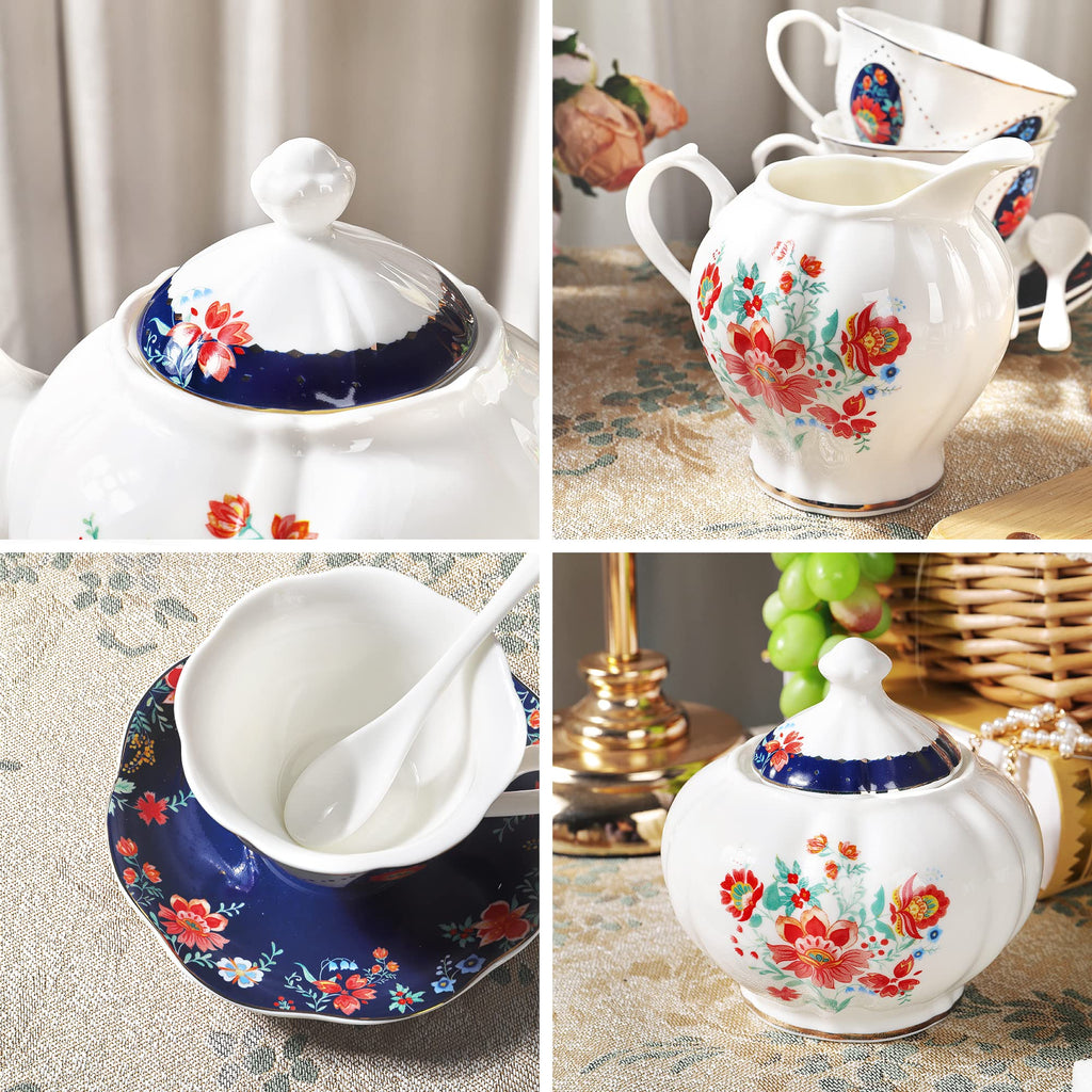 fanquare 21 Piece Old Victorian Porcelain Tea Set for 6, Royal British Floral Tea Cup Set for Women, Wedding Tea Party Set for Adults
