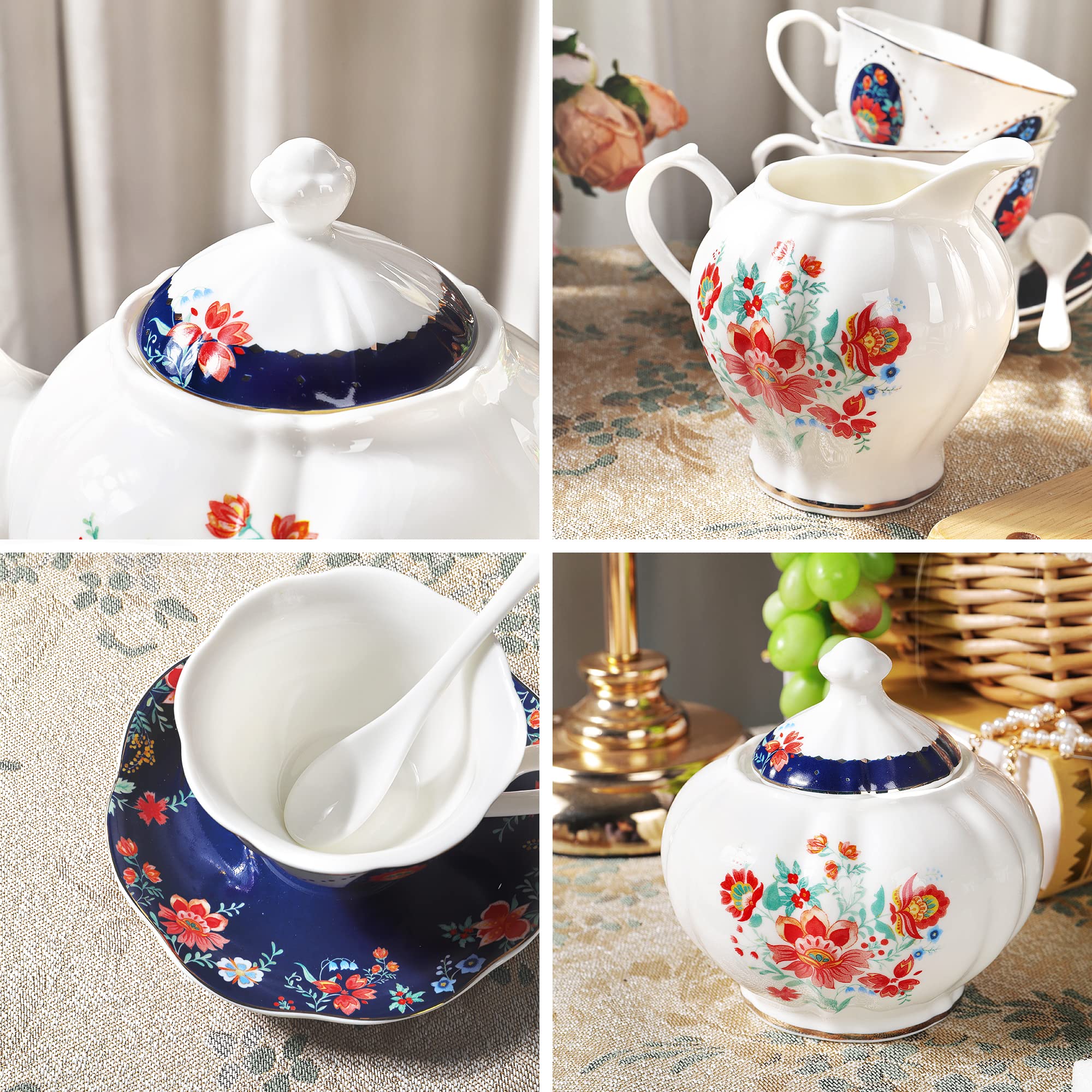 fanquare 21 Piece Old Victorian Porcelain Tea Set for 6, Royal British Floral Tea Cup Set for Women, Wedding Tea Party Set for Adults