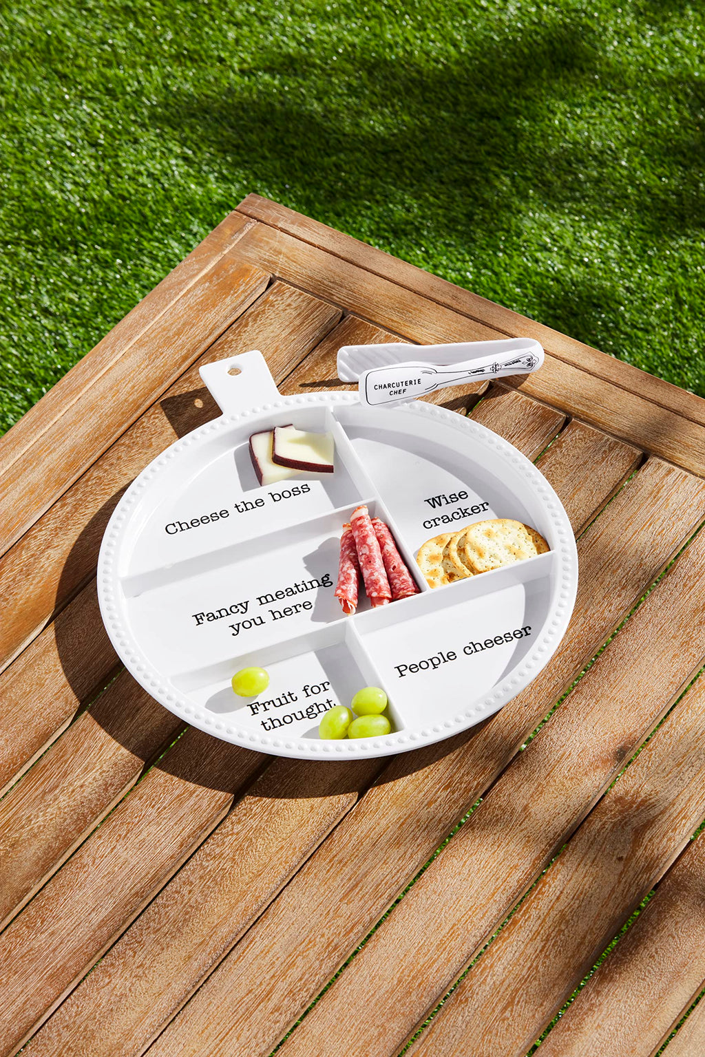 Mud Pie Melamine Charcuterie Board; board 15" x 13" dia | tongs 5 3/4"