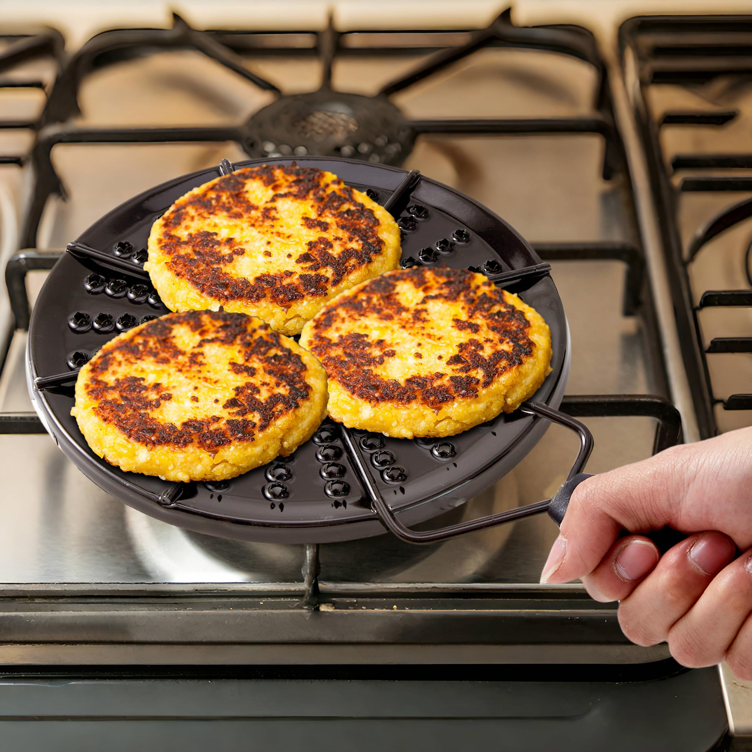 Parrilla para Arepas Colombianas – Arepa Grill for Stovetop & Gas Burner, Heat Diffuser Plate for Even Cooking, Durable Enamel-Coated Iron with Non-Slip Handle – Perfect for Flatbread, Tortilla & More