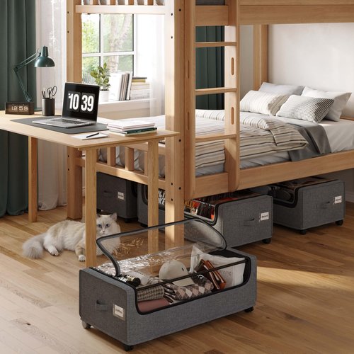 VicHomey Under Bed Storage With Wheels, Tall Under The Bed Storage, Underbed Storage Containers With Lids, Metal Frame, 90L Capacity, Large Size
