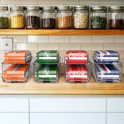 Simple Houseware 4-Pack Auto-Rolling Beverage Can Organizer for Fridge, Clear Front-Loading Soda Dispenser with Smooth Glide Design, Space-Saving Refrigerator Storage Bins
