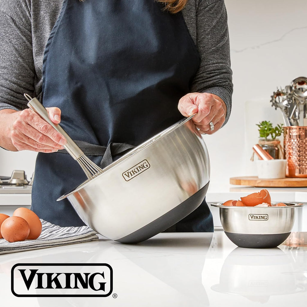 Viking 10-Piece Stainless Steel Mixing Bowls Set - Non-Slip Silicone Base & Tight Fit Lids | Dishwasher Safe, Black