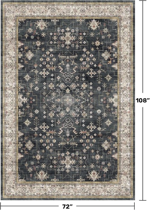 Boho Dining Room Rugs - 6x9 Washable Black Area Rug | Low Pile Non-Slip Design for Living Room & Bedroom