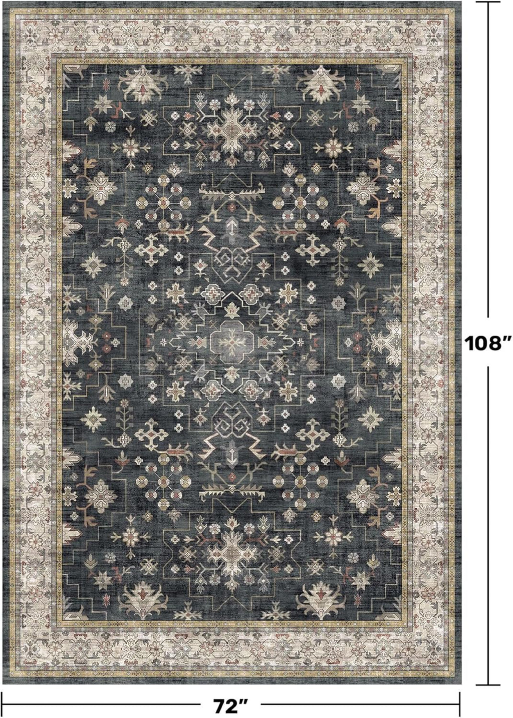 Boho Area Rug by [Brand Name] - Washable 6x9 Black Dining Room Rug | Non-Slip Low Pile for Farmhouse Decor