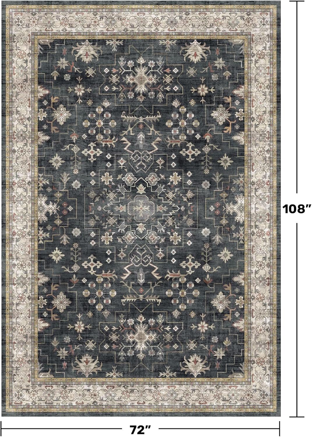 Boho Area Rug by [Brand Name] - Washable 6x9 Black Dining Room Rug | Non-Slip Low Pile for Farmhouse Decor