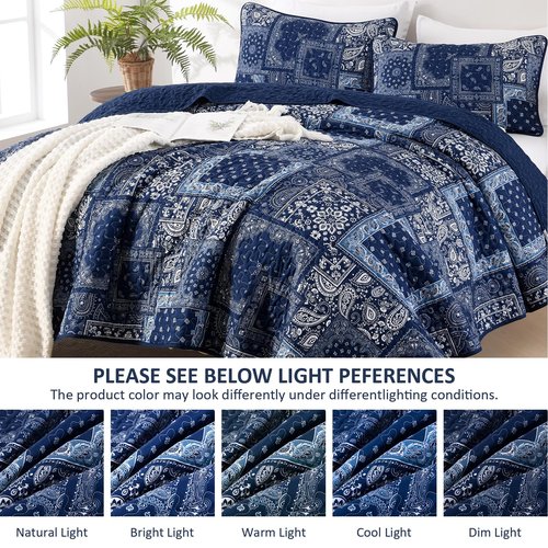 Cottolester Blue Patchwork Quilt Set Queen Size,Boho Navy Blue Quilt Set,Paisley Farmhouse Bedspread Soft Microfiber Bedding Set for All Season 96"x90"