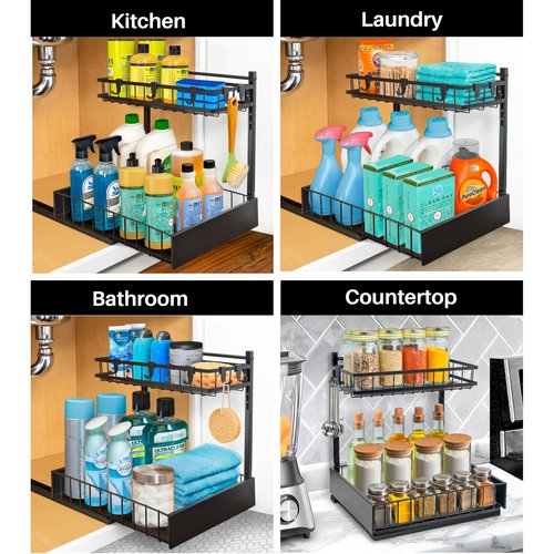 LYNK PROFESSIONAL® Pull Out Under Sink Kitchen Cabinet Organizer - 10" W x 14" D 2-Tier Drawer - Sliding Shelf Organizer for Cabinets and Undersink Storage Shelves - Lifetime Ltd. Warranty – Black