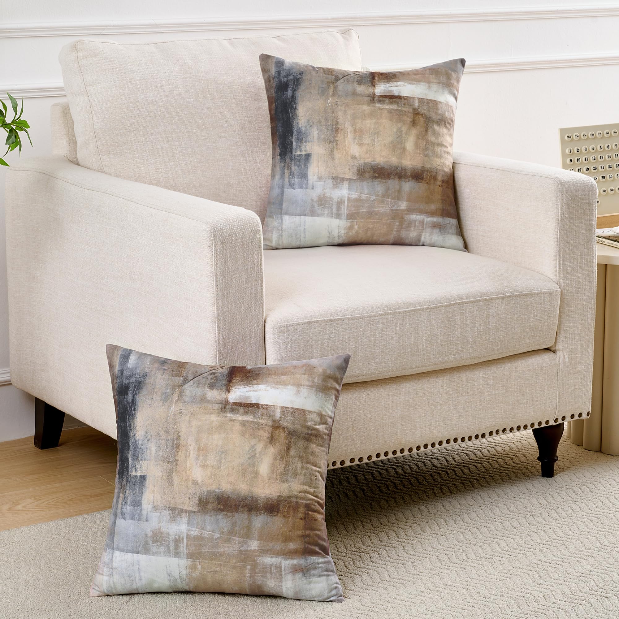 Alricc Throw Pillow Covers 18x18 (2 Pack) - Abstract Modern Home Art Decor - Decorative Pillow Covers for Couch, Living Room & Bedroom - Beige Brown