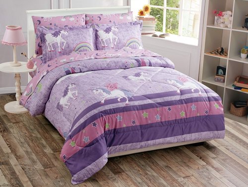 Luxury Home Collection 5 Piece Twin Size Comforter Set for Girls/ Teens Unicorn Castle Rainbow Clouds Moon Shining Stars Lavender Pink Blue Yellow (Twin Comforter)