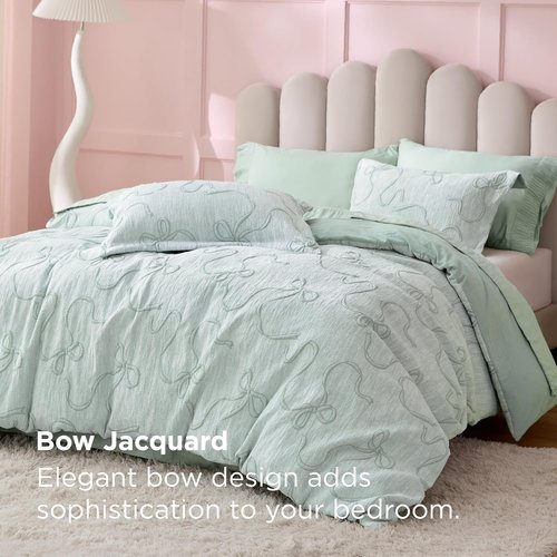 Bedsure Green Duvet Cover - Elegant Bowknot Jacquard Design | Queen Size 90"x90" with 2 Pillow Shams