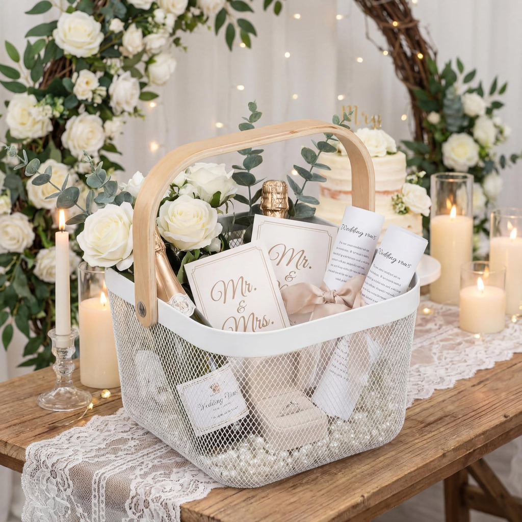 Roshtia White Metal Wire Storage Basket with Wooden Handle 9.65 x 9.65 x 7.09 Inch, Decorative Gift Basket for Wedding, Nurse Appreciation Week, Bathroom Kitchen Organizer, Farmhouse Storage Bin