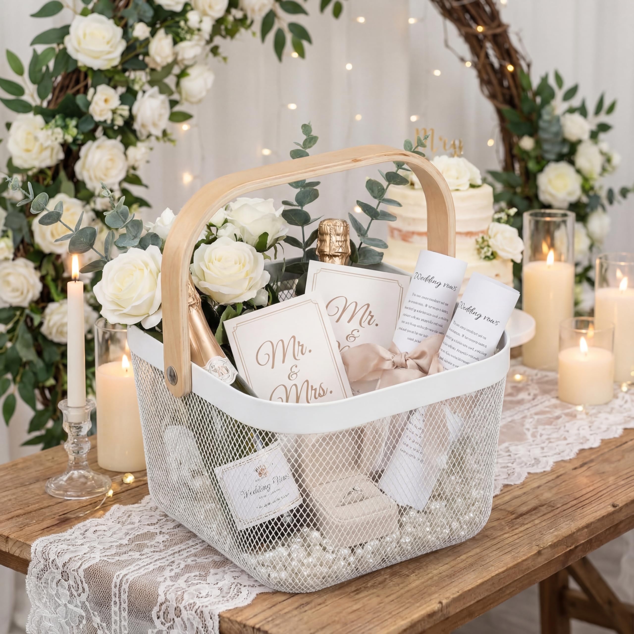 Roshtia White Metal Wire Storage Basket with Wooden Handle 9.65 x 9.65 x 7.09 Inch, Decorative Gift Basket for Wedding, Nurse Appreciation Week, Bathroom Kitchen Organizer, Farmhouse Storage Bin